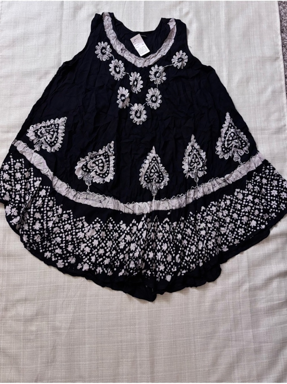 Black Tank Tie Dye Dress  Floral Embroidery OS New